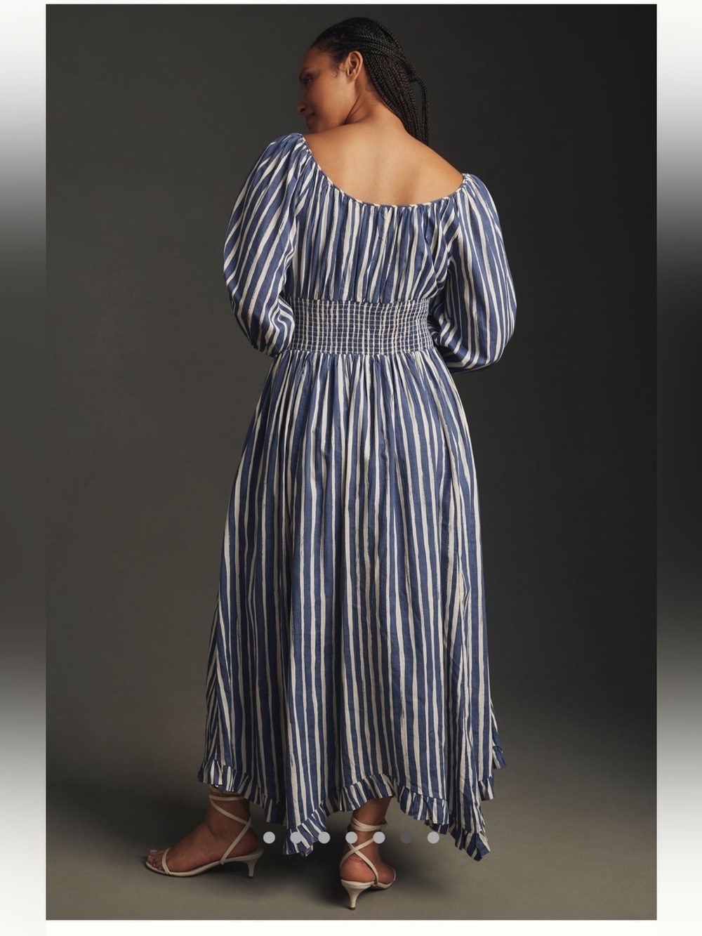 Anthropologie Navy and White Striped Puff-Sleeve Midi Dress - Picture 2 of 10